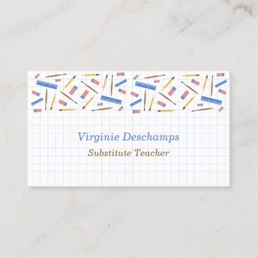 Schoolbenodigdheden & Grid Sheet Substituut Teache Visitekaartje (Voorkant)