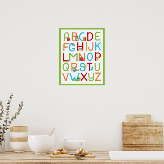 Schoolboekworm Alphabet A t/m Z op Heldergroen Poster (Keuken)
