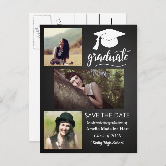 schoolbord Afstuderen | Sla de datum drie foto's o Aankondigingskaart (Voorkant / Achterkant)