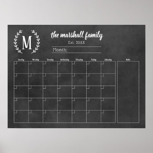 Schoolbord Maandelijkse Gezinsinitiaal Kalender Poster (Voorkant)