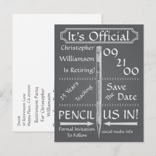 schoolbordpensionering Save the Date Party Aankondigingskaart (Voorkant / Achterkant)