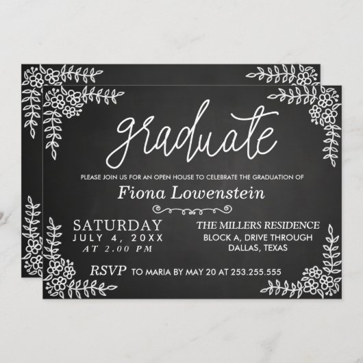 schoolbordscript | Floral | Open House Afstuderen Kaart (Voorkant / Achterkant)