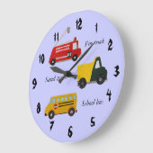 Schoolbus, brandweerwagen en zandvrachtwagen grote klok (Hoek)
