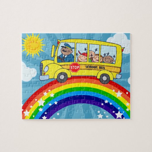 Schoolbus die op een regenboog rijdt legpuzzel (Horizontaal)