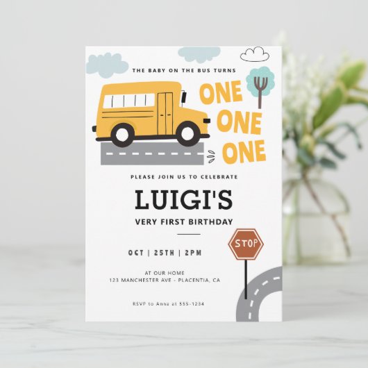 Schoolbus EERSTE verjaardag Wheels on the Bus Fees Kaart (Staand voorkant)