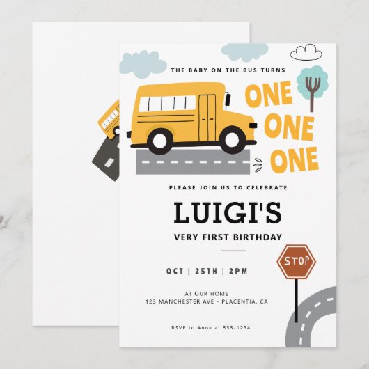 Schoolbus EERSTE verjaardag Wheels on the Bus Fees Kaart (Voorkant / Achterkant)