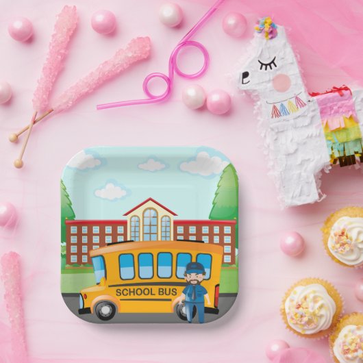Schoolbus en -chauffeur papieren bordje (Feest)