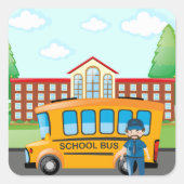 Schoolbus en -chauffeur vierkante sticker (Voorkant)