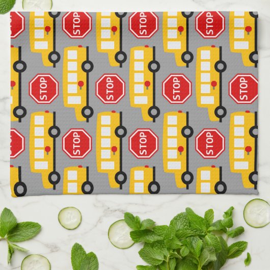 Schoolbus en stopteken theedoek (Gevouwen)
