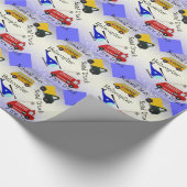 Schoolbus, helikopter, brand- en zandvrachtwagen cadeaupapier (Hoek)