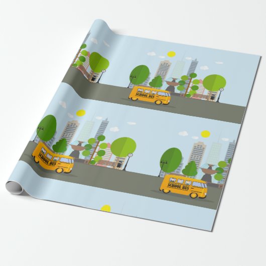 schoolbus in de stad cadeaupapier (Uitgerold)