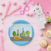 schoolbus in de stad papieren bordje (Feest)