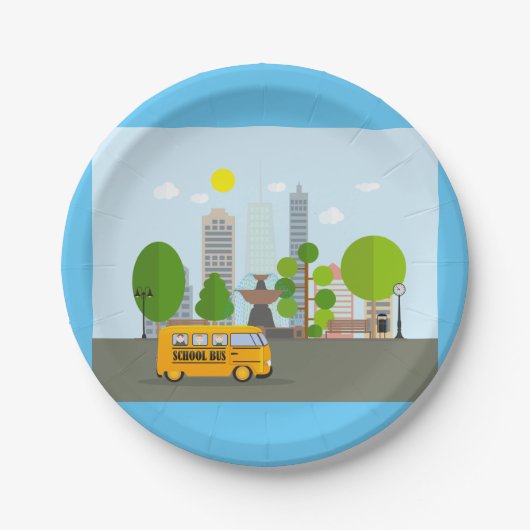 schoolbus in de stad papieren bordje (Voorkant)