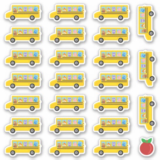 Schoolbus Leuke Dieren Cartoon 24 Bussen + Apple Sticker (Voorkant)