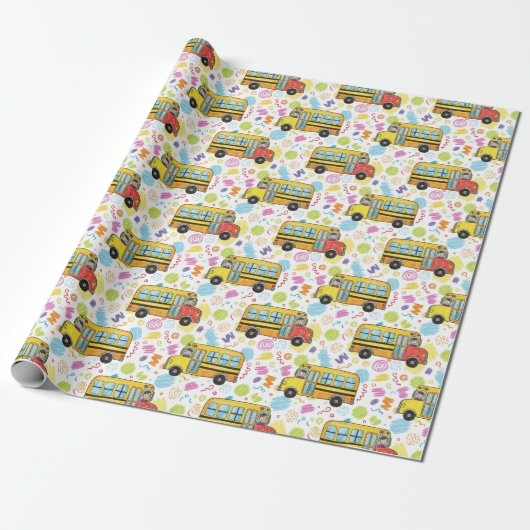 schoolbus patroon cadeaupapier (Uitgerold)