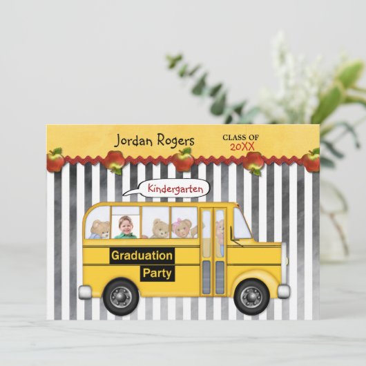 Schoolbus Teddy Bear Foto Kindergarten Afstuderen Kaart (Staand voorkant)