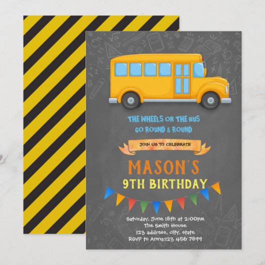 Schoolbus thema verjaardagsfeestje kaart (Voorkant / Achterkant)