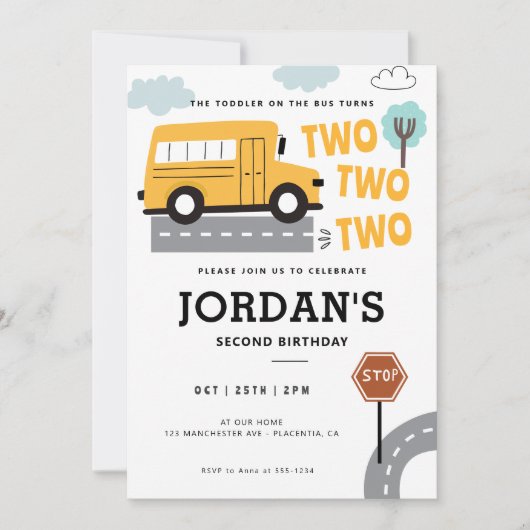 Schoolbus tweede verjaardag Wielen op de bus Feest Kaart (Voorkant)