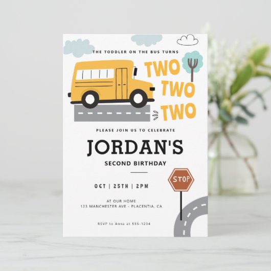 Schoolbus tweede verjaardag Wielen op de bus Feest Kaart (Staand voorkant)