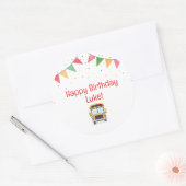 Schoolbus verjaardagstaarttopper ronde sticker (Envelop)