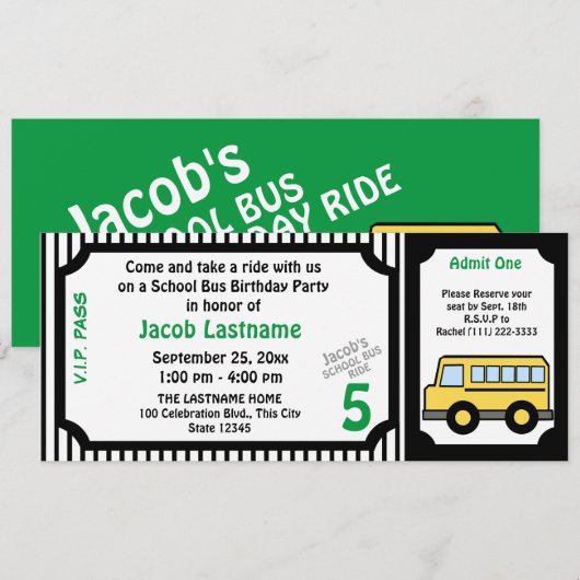Schoolbusrit Geboortedag Bus Ticket Kaart (Voorkant / Achterkant)