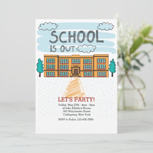 Schoolgebouw Einde schooljaar uitnodiging (Staand voorkant)