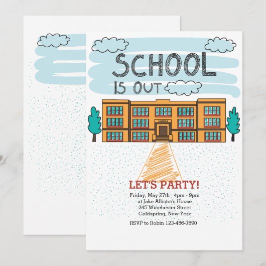Schoolgebouw Einde schooljaar uitnodiging (Voorkant / Achterkant)