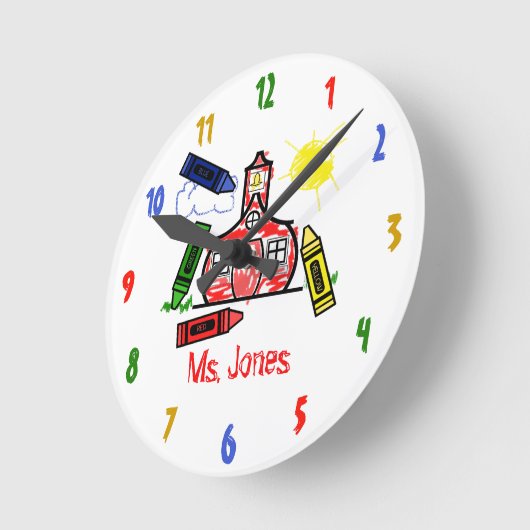 Schoolhouse & Crayons Teacher Clock Ronde Klok (Hoek)