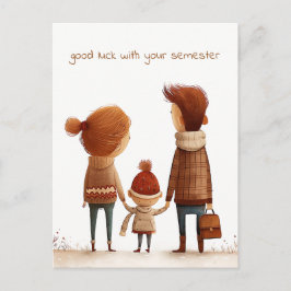 Schooljongen houdt handen vast met zijn moeder en  briefkaart