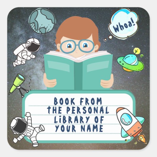 SCHOOLJONGEN, STUDENTENBOEK, KIND, KIND, BOEKLEZER VIERKANTE STICKER (Voorkant)