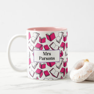 Schoolklasse Teacher Pink Librarian Books Pattern Tweekleurige Koffiemok