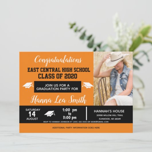 Schoolkleuren, Oranje zwart Afstuderen Aankondiging (Staand voorkant)