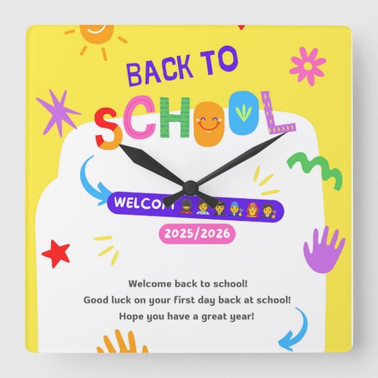 Schoolklok voor kinderen voor het nieuwe schooljaa vierkante klok (Voorkant)