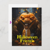 Schoolmeisje en Pompoen Dinogoblin Halloween Feestdagenkaart (Voorkant / Achterkant)