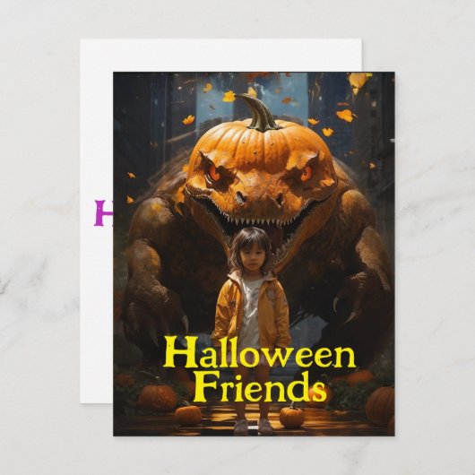 Schoolmeisje en Pompoen Dinogoblin Halloween Feestdagenkaart (Voorkant / Achterkant)