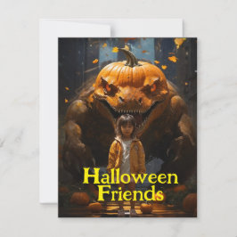 Schoolmeisje en Pompoen Dinogoblin Halloween Feestdagenkaart