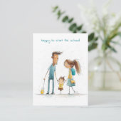 Schoolmeisje met haar moeder en vader briefkaart (Staand voorkant)