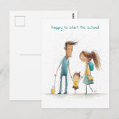 Schoolmeisje met haar moeder en vader briefkaart (Voorkant / Achterkant)