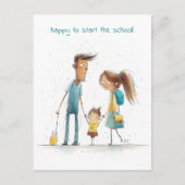 Schoolmeisje met haar moeder en vader briefkaart (Voorkant)