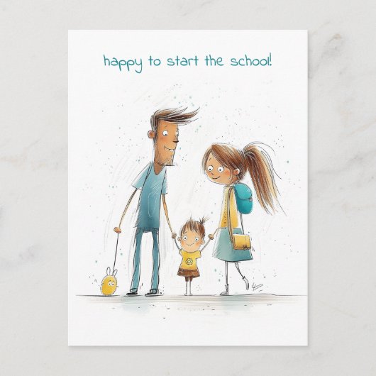 Schoolmeisje met haar moeder en vader briefkaart (Voorkant)