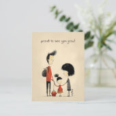 Schoolmeisje, moeder en vader briefkaart (Staand voorkant)