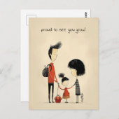 Schoolmeisje, moeder en vader briefkaart (Voorkant / Achterkant)