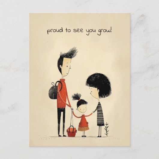 Schoolmeisje, moeder en vader briefkaart (Voorkant)
