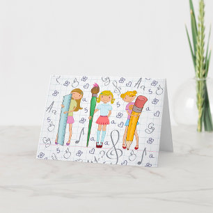 Schoolmeisjes met Oversized School Stationery Kaart