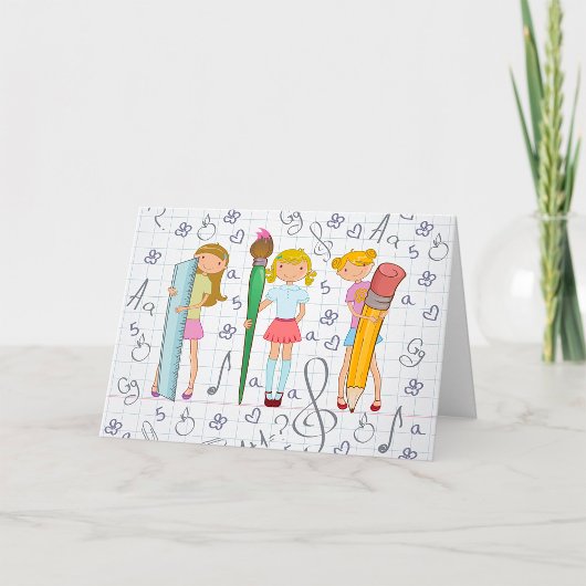 Schoolmeisjes met Oversized School Stationery Kaart