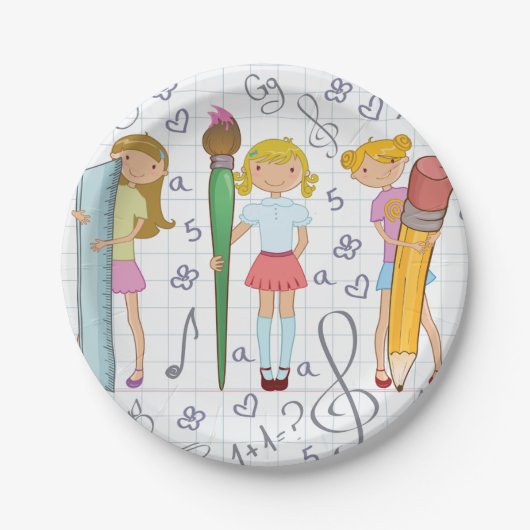 Schoolmeisjes met Oversized School Stationery Papieren Bordje (Voorkant)
