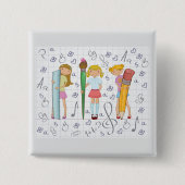 Schoolmeisjes met Oversized School Stationery Vierkante Button 5,1 Cm (Voorkant)