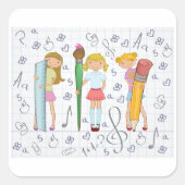 Schoolmeisjes met Oversized School Stationery Vierkante Sticker (Voorkant)