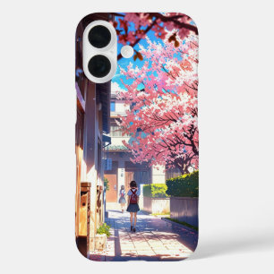 Schoolplein in de lente - Nostalgische anime iPhone 16 Hoesje