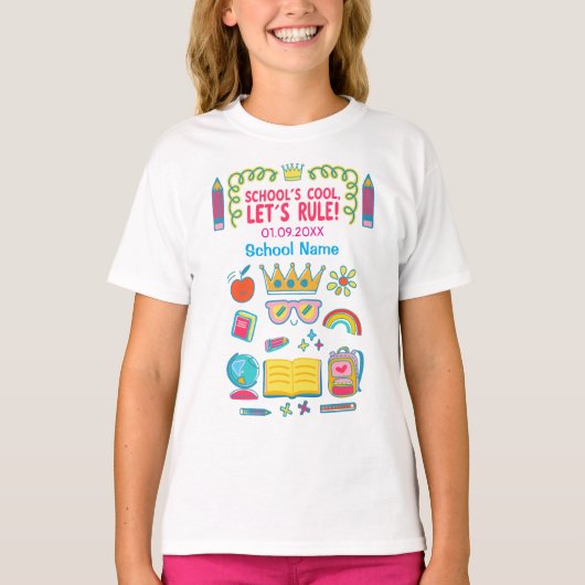 "School's cool let's rule" motivatie citeert T-shirt (Voorkant)